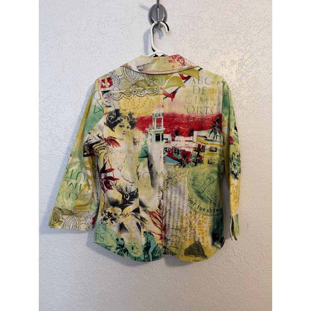 Sharon Young 2 Piece Set Jacket and Top Collage Print Green Yellow Red Large 10 - Picture 2 of 11